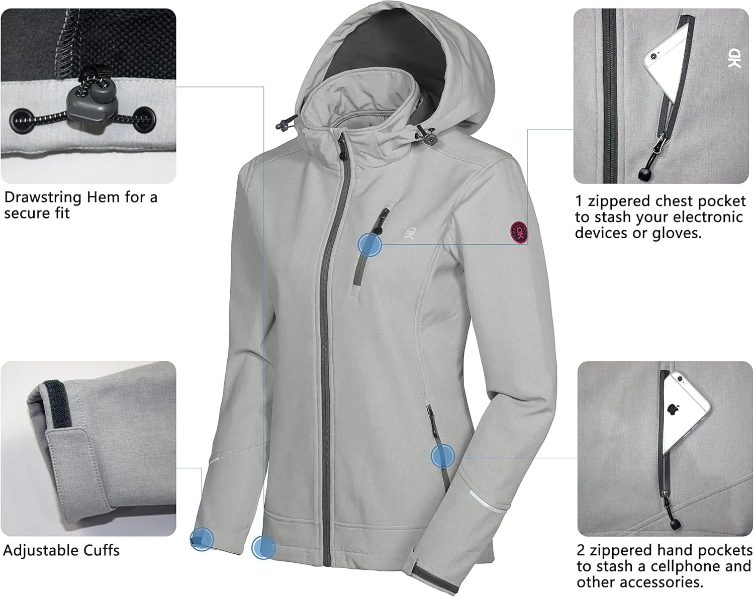 Little Donkey Andy Women's Softshell Jacket Ski Jacket with Removable Hood, Fleece Lined
