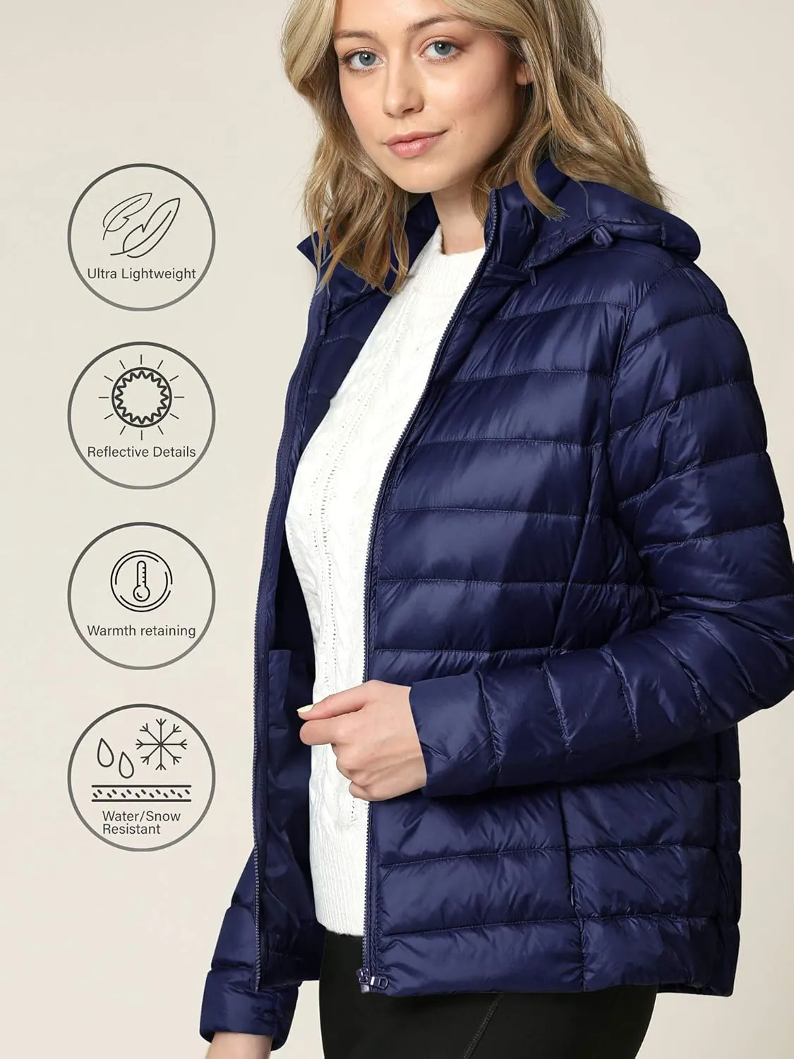 Lock and Love Women's Ultra Light Weight Packable Down Jacket with Removable Hoodie