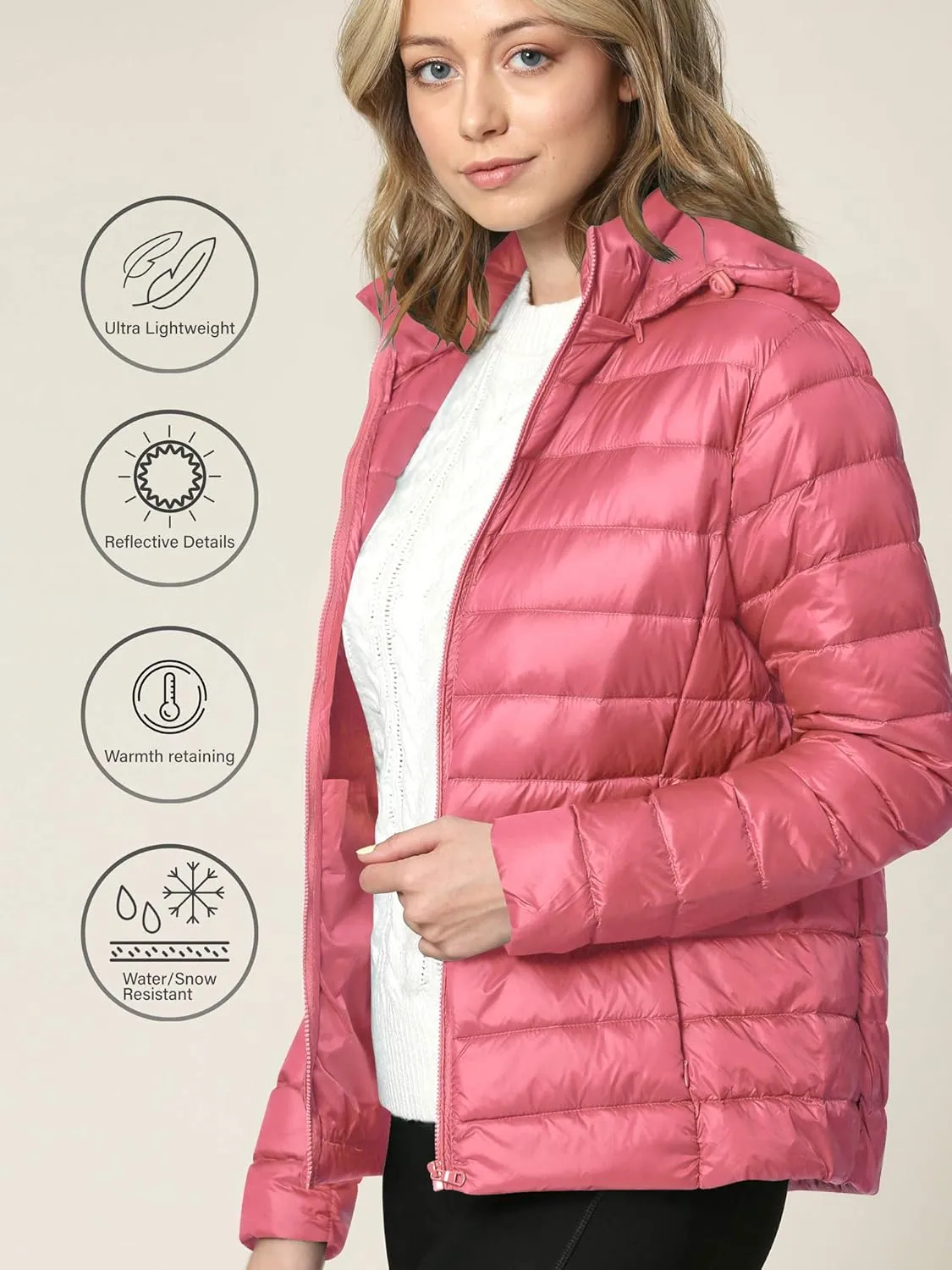 Lock and Love Women's Ultra Light Weight Packable Down Jacket with Removable Hoodie