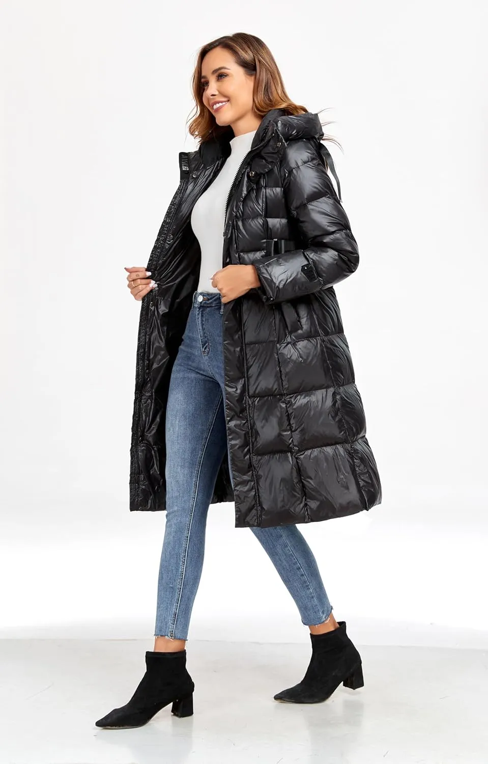 Long Down Jacket for Women Hooded Long Puffer Coat Duck Down Winter Coat Trendy Parka Jacket 2024