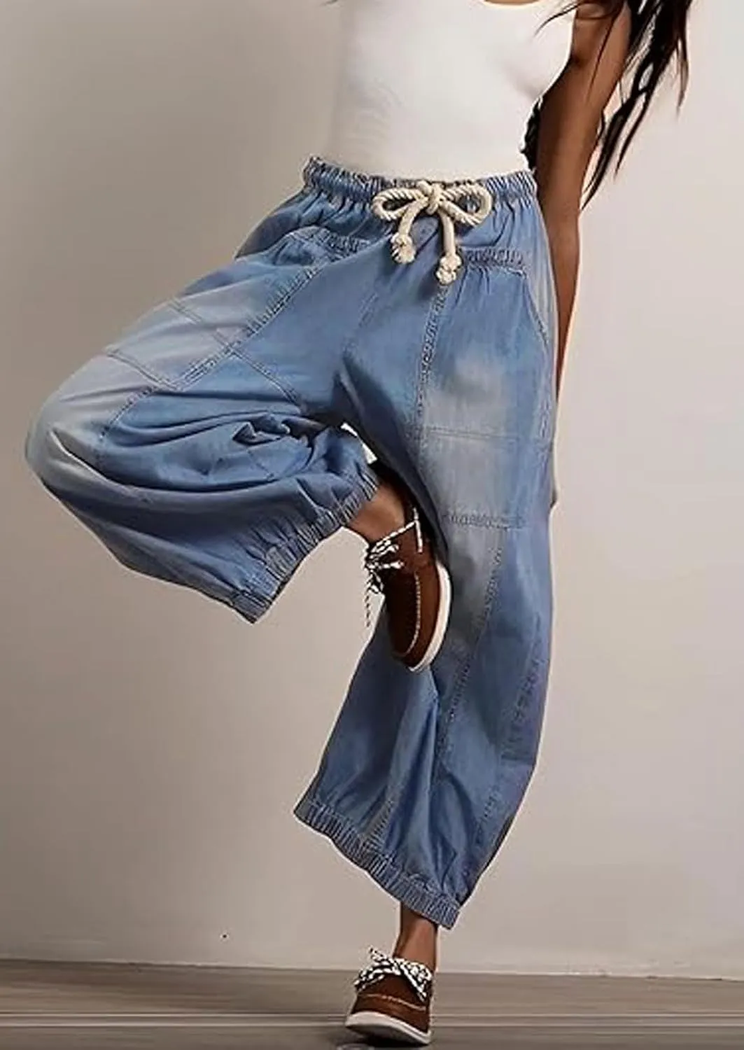 loveimgs Women Baggy Jeans Elastic Waist Cargo Denim Pants Y2k Patchwork Wide Leg Barrel Jeans Drawstring Harem Pants
