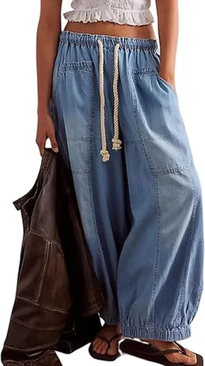loveimgs Women Baggy Jeans Elastic Waist Cargo Denim Pants Y2k Patchwork Wide Leg Barrel Jeans Drawstring Harem Pants