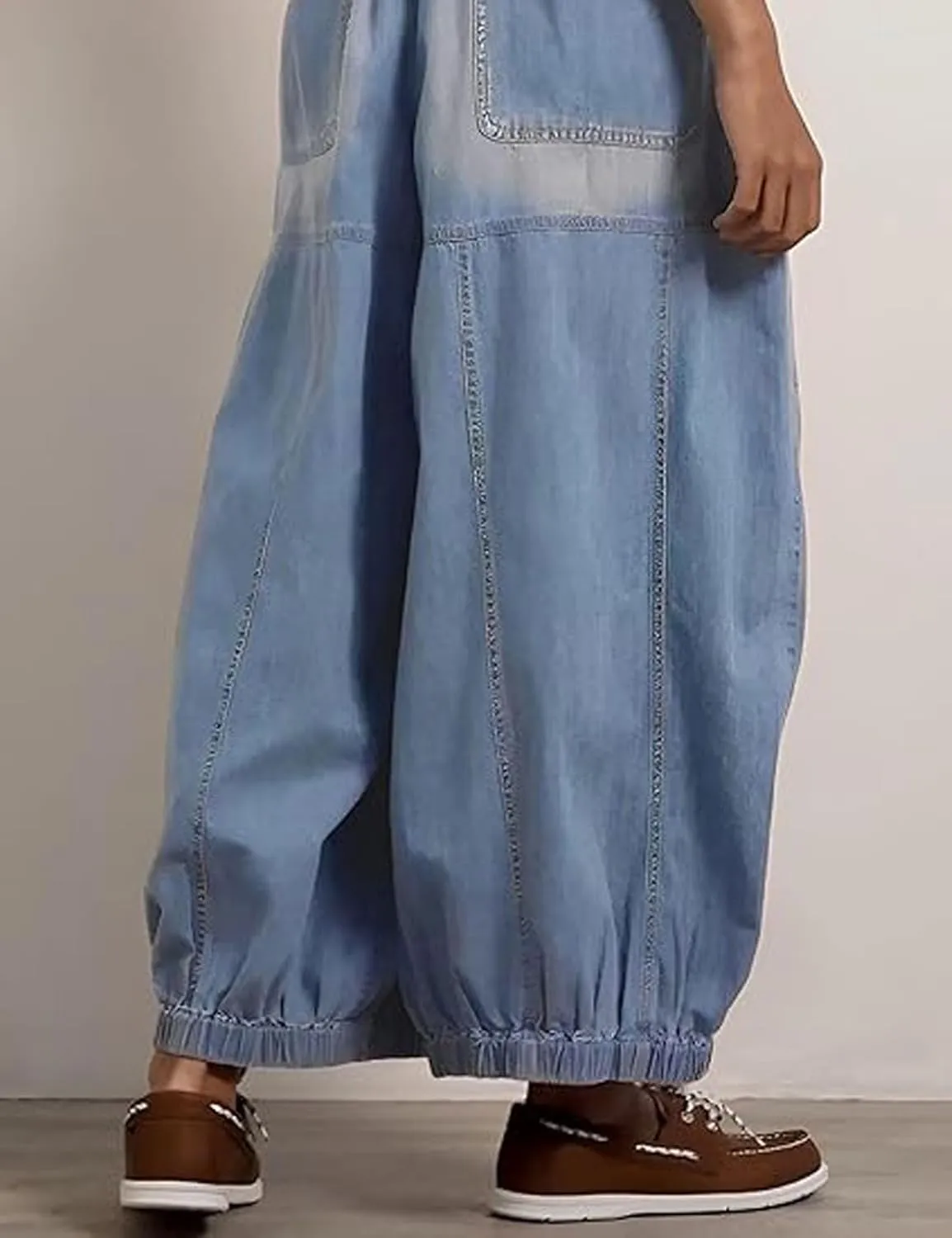 loveimgs Women Baggy Jeans Elastic Waist Cargo Denim Pants Y2k Patchwork Wide Leg Barrel Jeans Drawstring Harem Pants