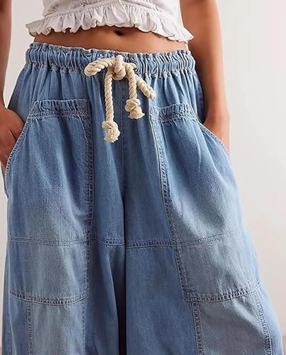 loveimgs Women Baggy Jeans Elastic Waist Cargo Denim Pants Y2k Patchwork Wide Leg Barrel Jeans Drawstring Harem Pants