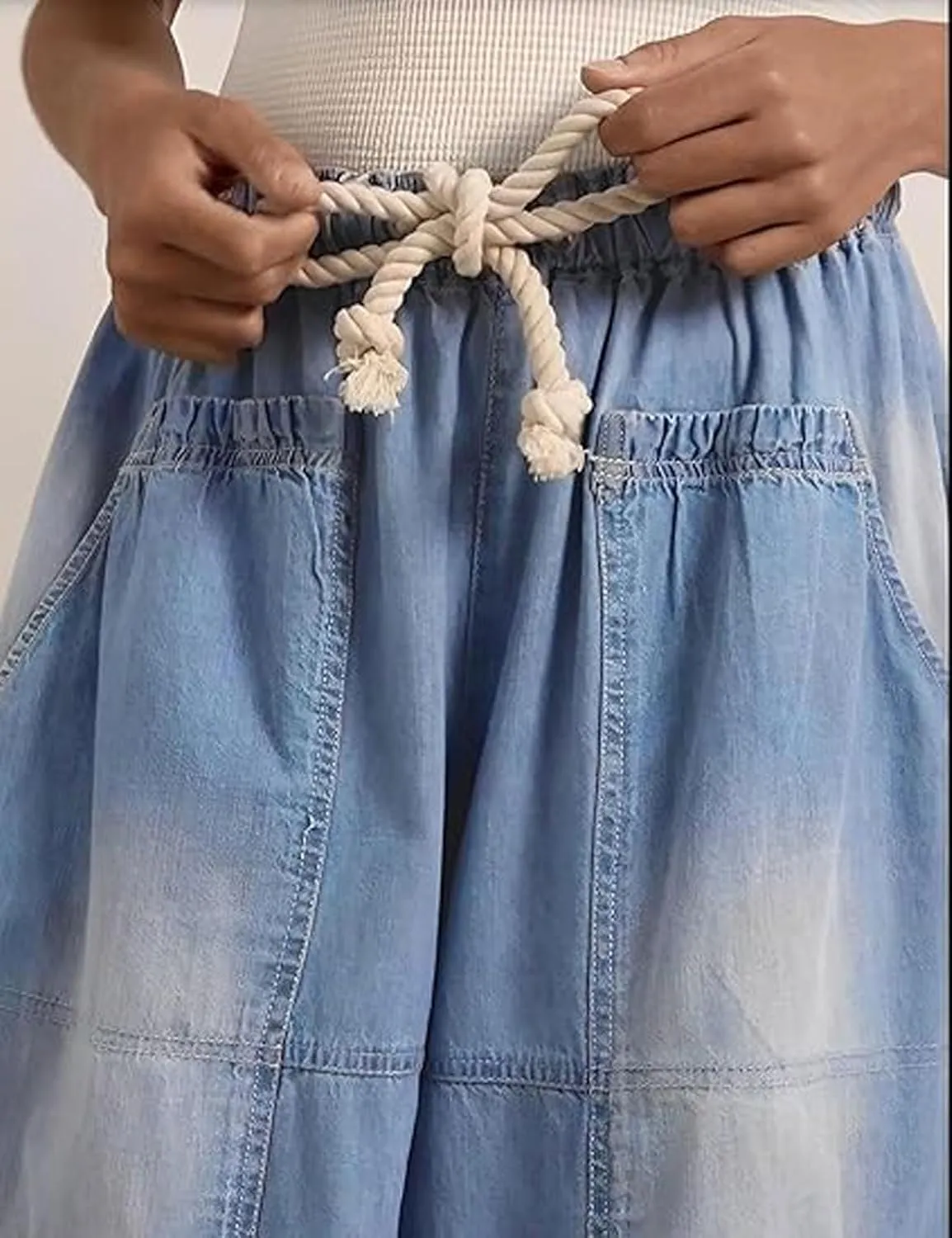 loveimgs Women Baggy Jeans Elastic Waist Cargo Denim Pants Y2k Patchwork Wide Leg Barrel Jeans Drawstring Harem Pants