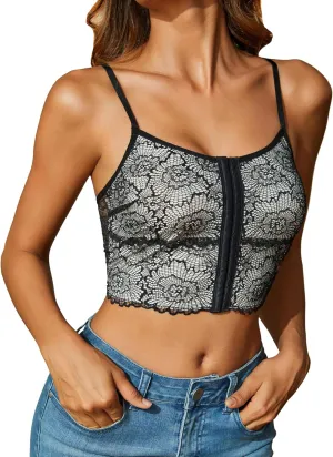 Luna & Sun Women Floral Lace Unpadded Camisole Wirefree Bralette with Front Hook and Eye Closure