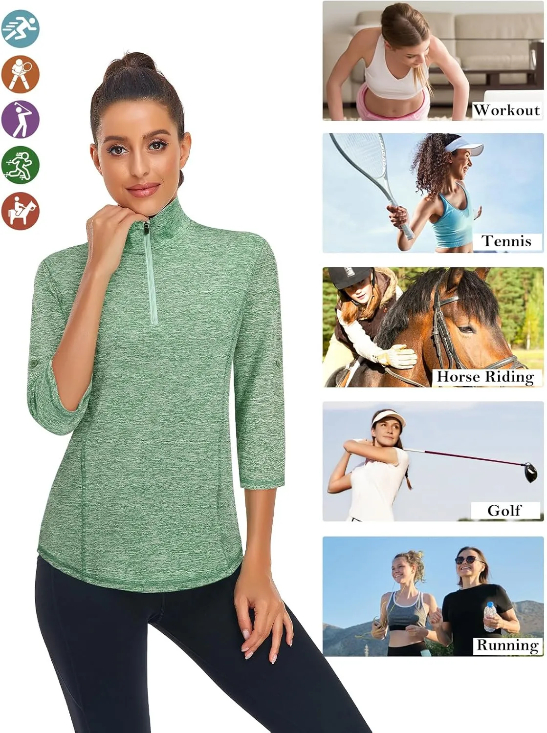LURANEE Womens 3/4 Roll Sleeve 1/4 Zip Pullover Golf Shirts Athletic Hiking Running Workout Tops UPF 50 