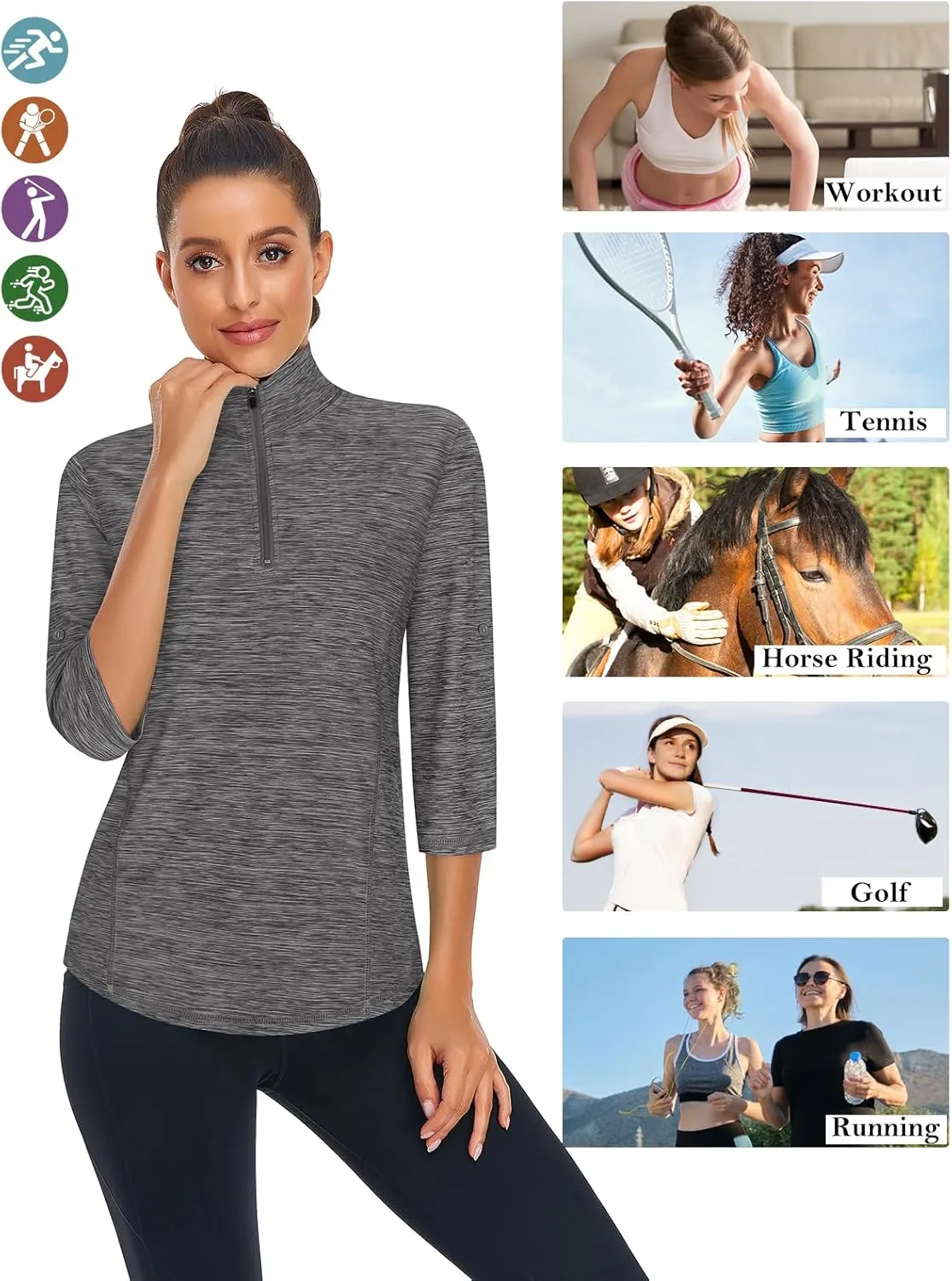 LURANEE Womens 3/4 Roll Sleeve 1/4 Zip Pullover Golf Shirts Athletic Hiking Running Workout Tops UPF 50 