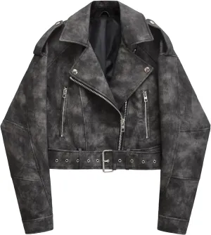 LY VAREY LIN Women Faux Leather Cropped Jacket Lapel Zipper Biker Short Coat with Belt
