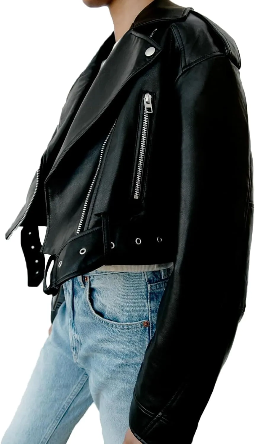 LY VAREY LIN Women Faux Leather Cropped Jacket Lapel Zipper Biker Short Coat with Belt