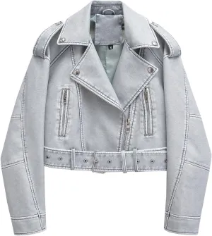 LY VAREY LIN Women Faux Leather Cropped Jacket Lapel Zipper Biker Short Coat with Belt