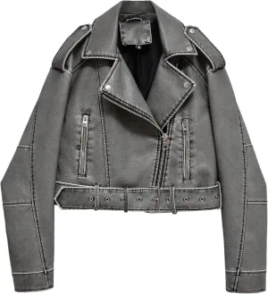 LY VAREY LIN Women Faux Leather Cropped Jacket Lapel Zipper Biker Short Coat with Belt