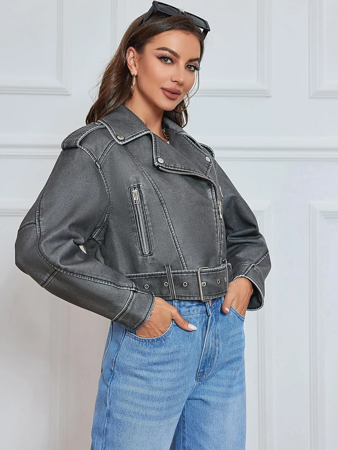 LY VAREY LIN Women Faux Leather Cropped Jacket Lapel Zipper Biker Short Coat with Belt