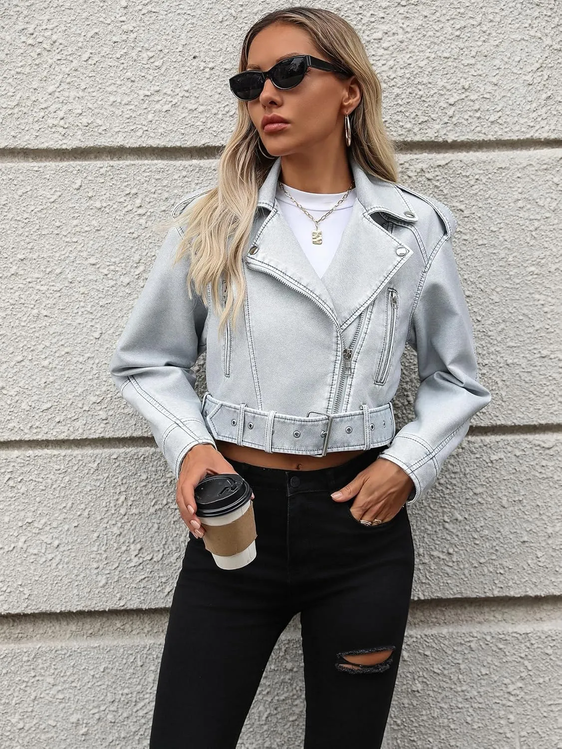 LY VAREY LIN Women Faux Leather Cropped Jacket Lapel Zipper Biker Short Coat with Belt