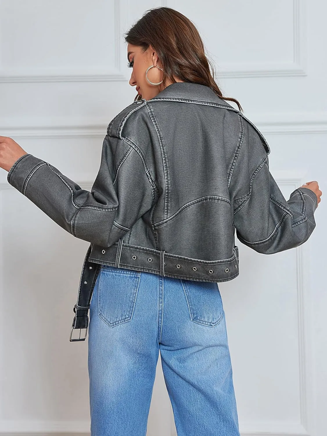 LY VAREY LIN Women Faux Leather Cropped Jacket Lapel Zipper Biker Short Coat with Belt