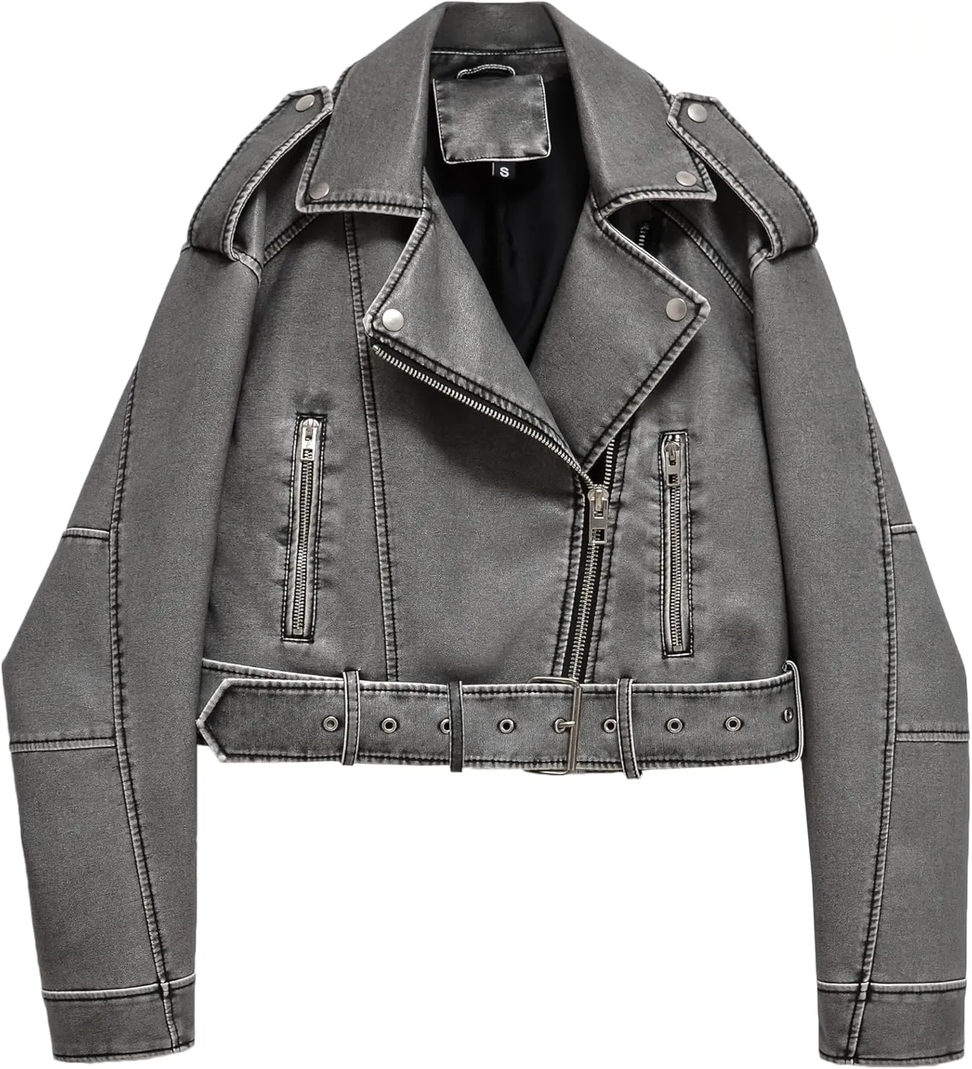 LY VAREY LIN Women Faux Leather Cropped Jacket Lapel Zipper Biker Short Coat with Belt