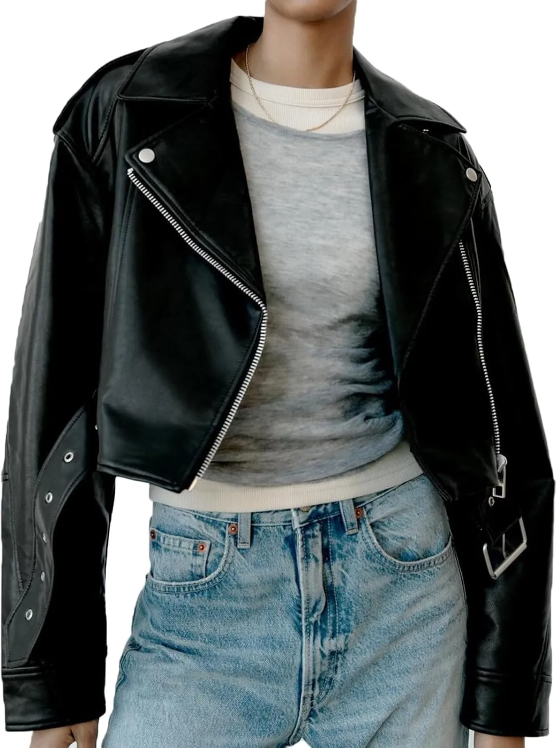 LY VAREY LIN Women Faux Leather Cropped Jacket Lapel Zipper Biker Short Coat with Belt