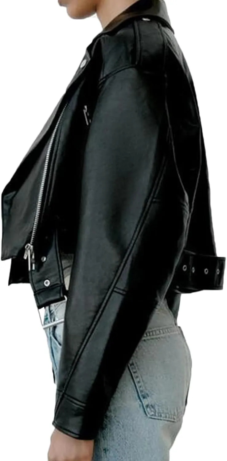LY VAREY LIN Women Faux Leather Cropped Jacket Lapel Zipper Biker Short Coat with Belt
