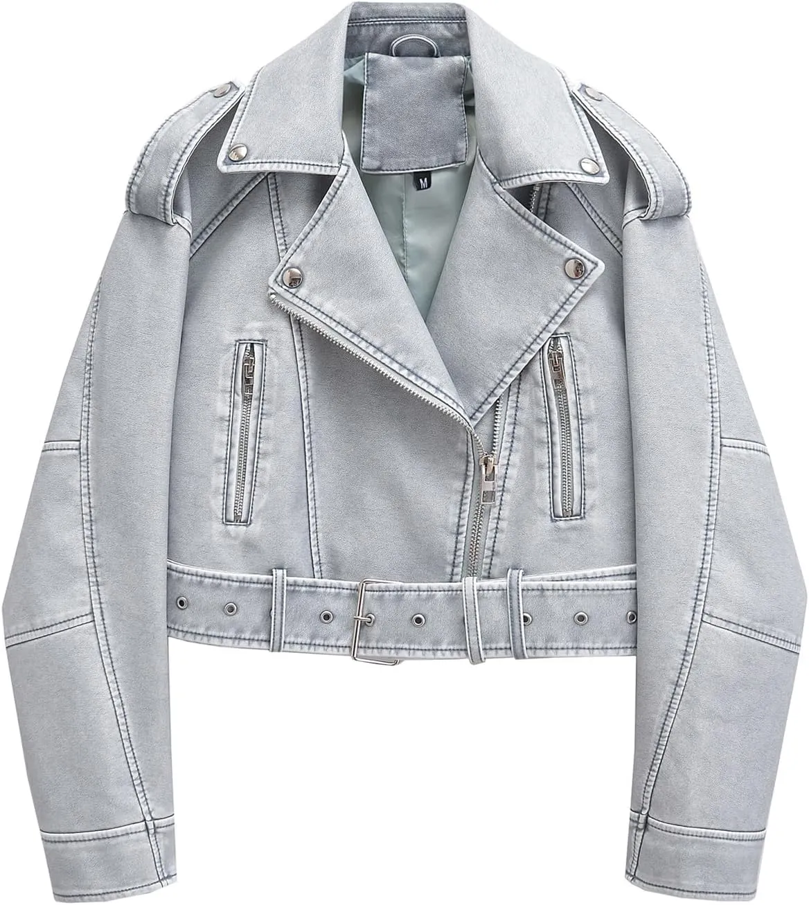 LY VAREY LIN Women Faux Leather Cropped Jacket Lapel Zipper Biker Short Coat with Belt
