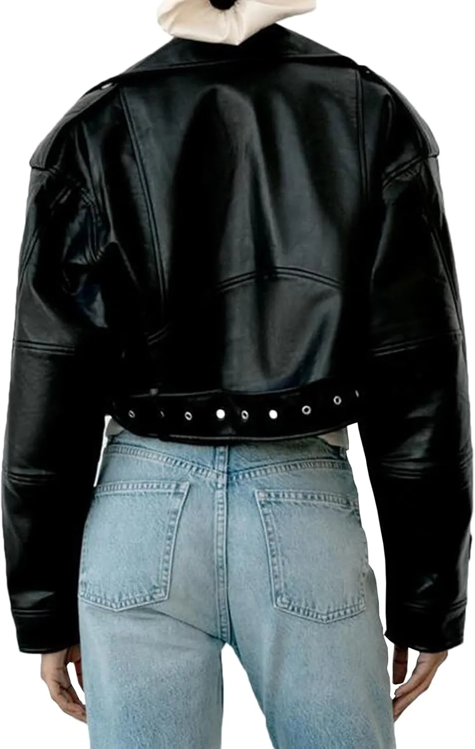 LY VAREY LIN Women Faux Leather Cropped Jacket Lapel Zipper Biker Short Coat with Belt