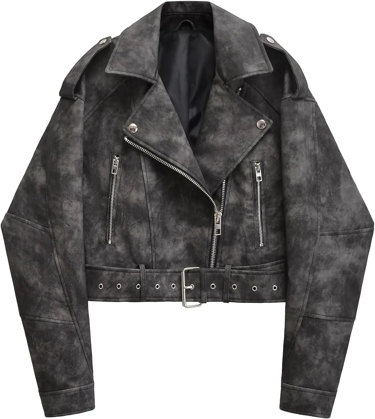 LY VAREY LIN Women Faux Leather Cropped Jacket Lapel Zipper Biker Short Coat with Belt