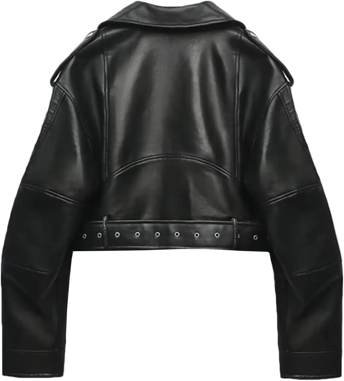 LY VAREY LIN Women Faux Leather Cropped Jacket Lapel Zipper Biker Short Coat with Belt