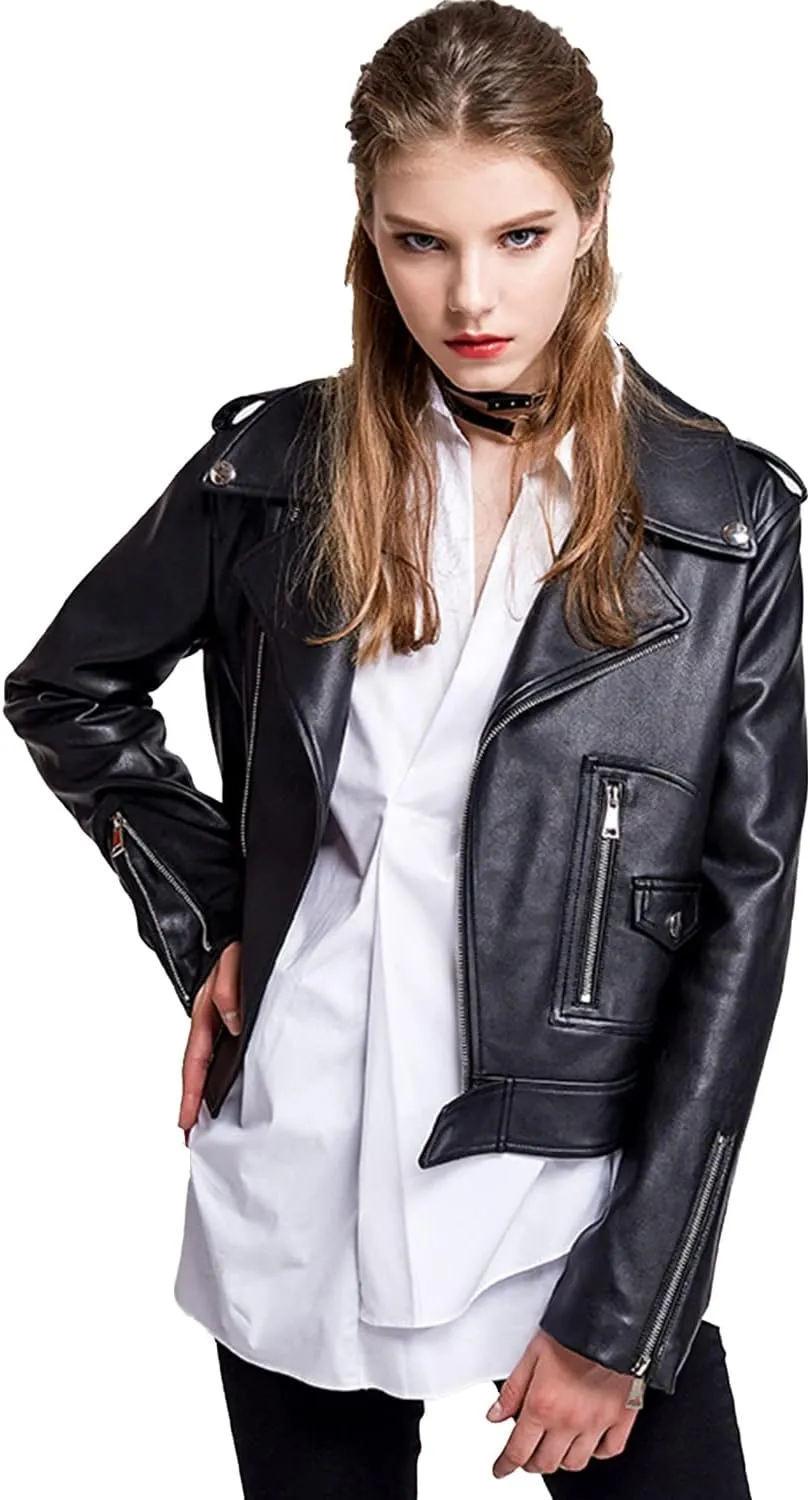 LY VAREY LIN Women's Faux Leather Motorcycle Jacket PU Slim Short Biker Coat
