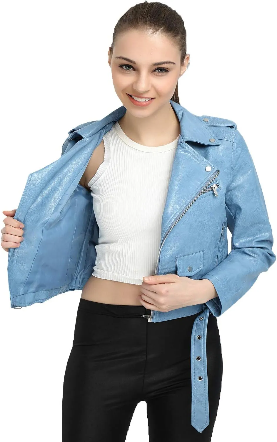 LY VAREY LIN Women's Faux Leather Motorcycle Jacket PU Slim Short Biker Coat