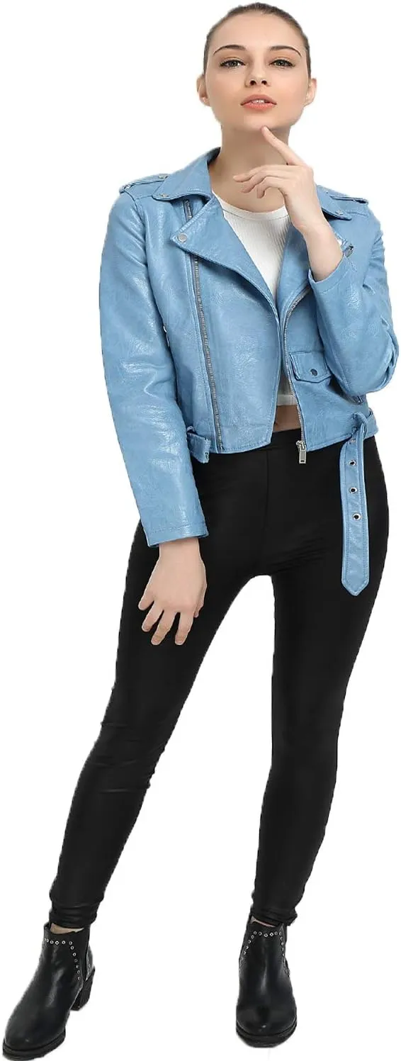 LY VAREY LIN Women's Faux Leather Motorcycle Jacket PU Slim Short Biker Coat