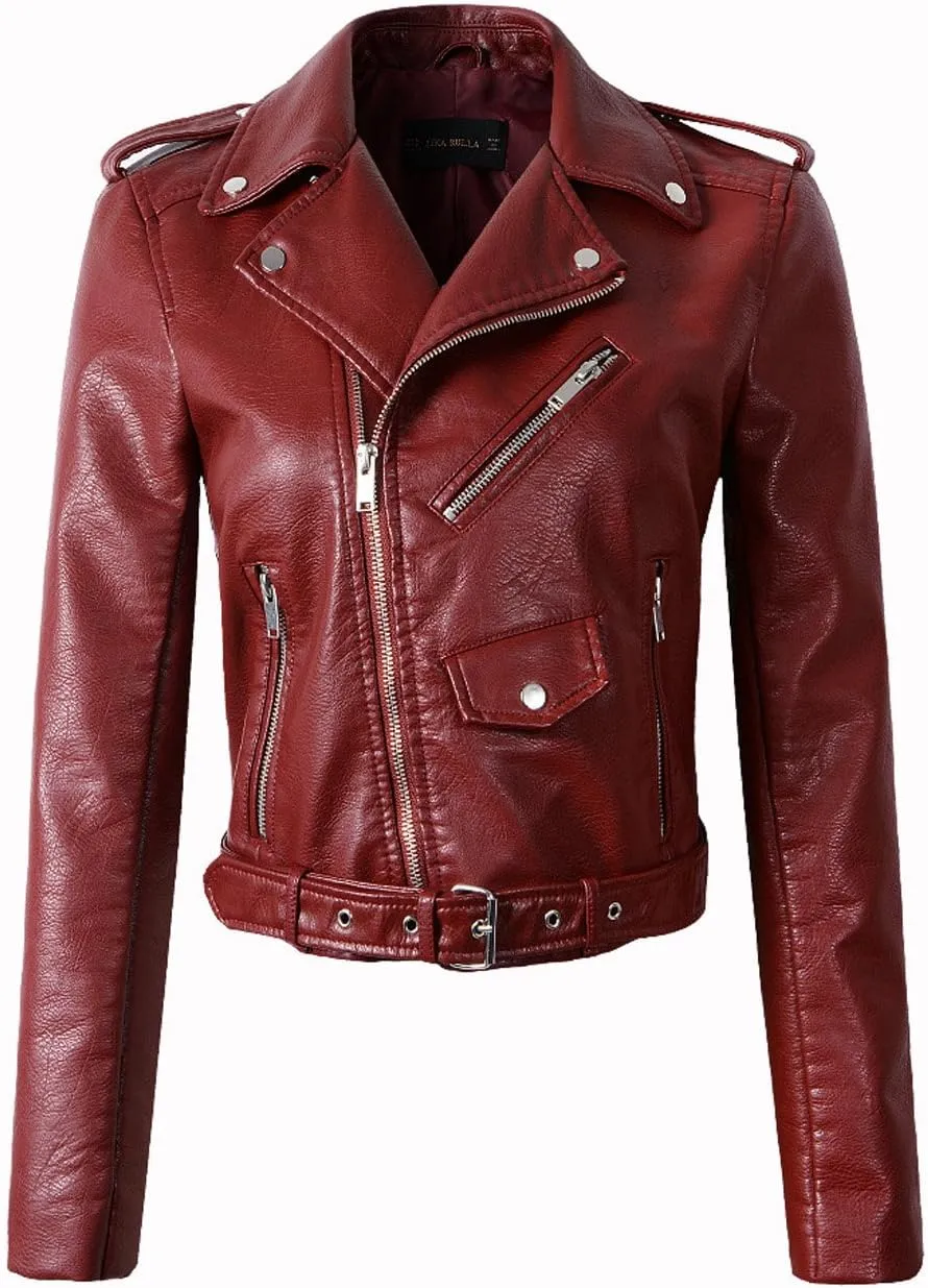 LY VAREY LIN Women's Faux Leather Motorcycle Jacket PU Slim Short Biker Coat