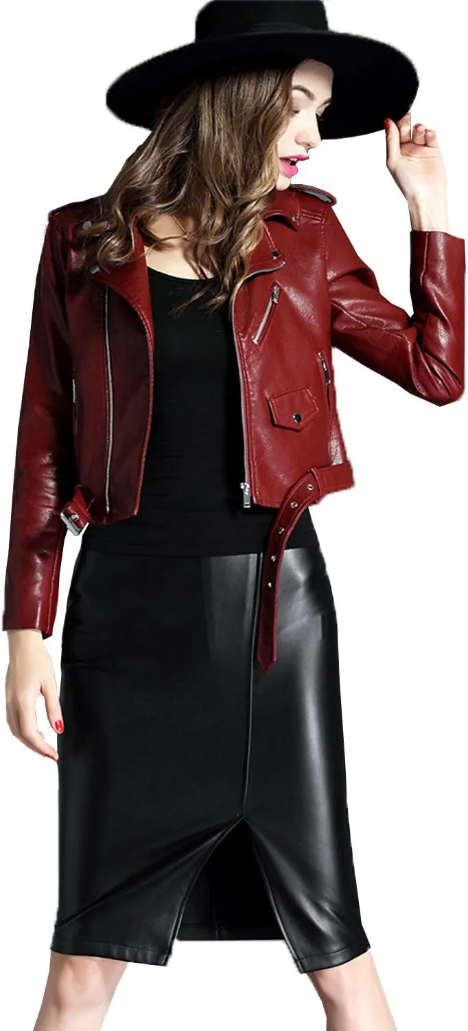 LY VAREY LIN Women's Faux Leather Motorcycle Jacket PU Slim Short Biker Coat