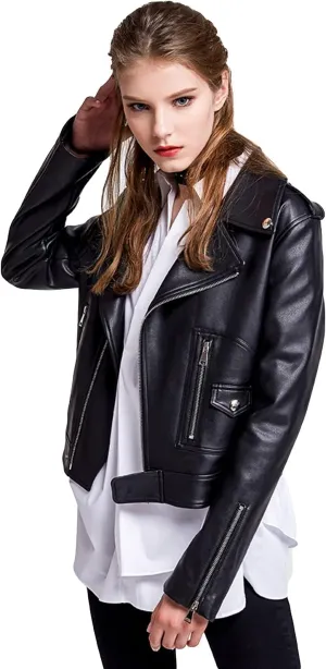 LY VAREY LIN Women's Faux Leather Motorcycle Jacket PU Slim Short Biker Coat