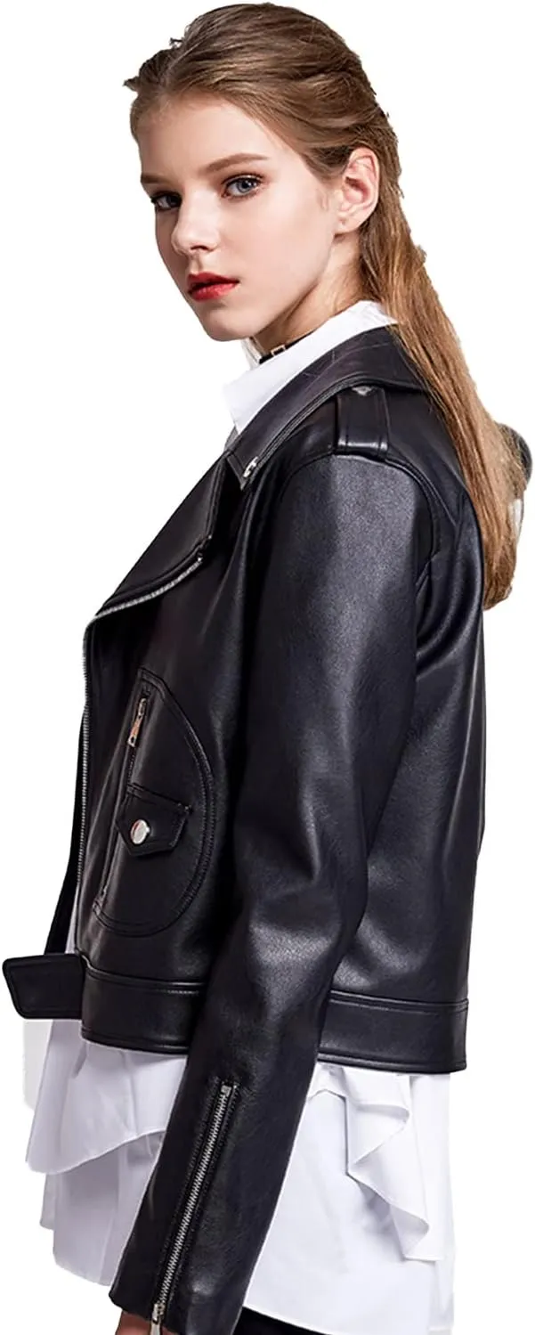 LY VAREY LIN Women's Faux Leather Motorcycle Jacket PU Slim Short Biker Coat