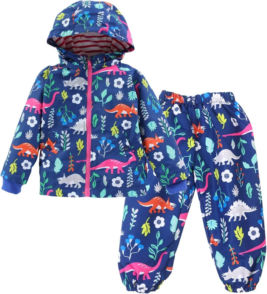 LZH Toddler Boys Girls Raincoat Waterproof Hooded Jacket Dinosaur Coat Pants Suit