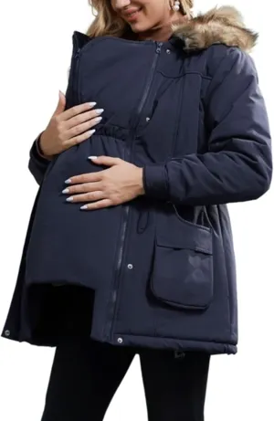 Maacie Womens Maternity 3 in 1 Thickened Outwear Fleece Lined Coat Winter Warm Hooded