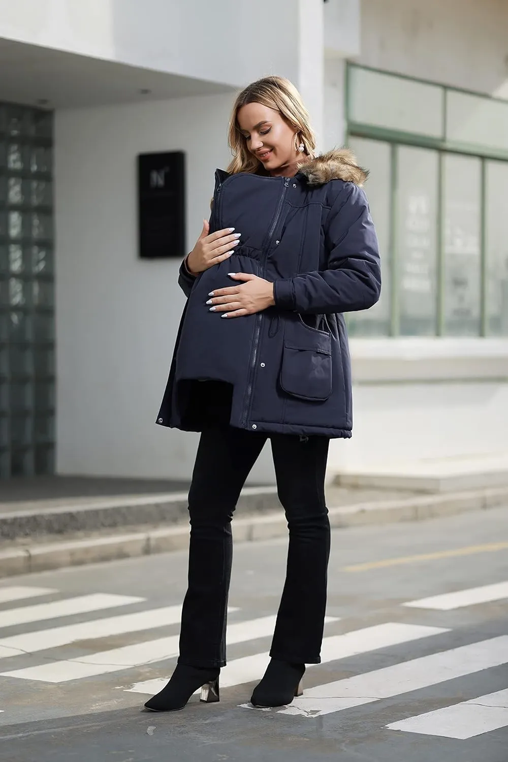 Maacie Womens Maternity 3 in 1 Thickened Outwear Fleece Lined Coat Winter Warm Hooded