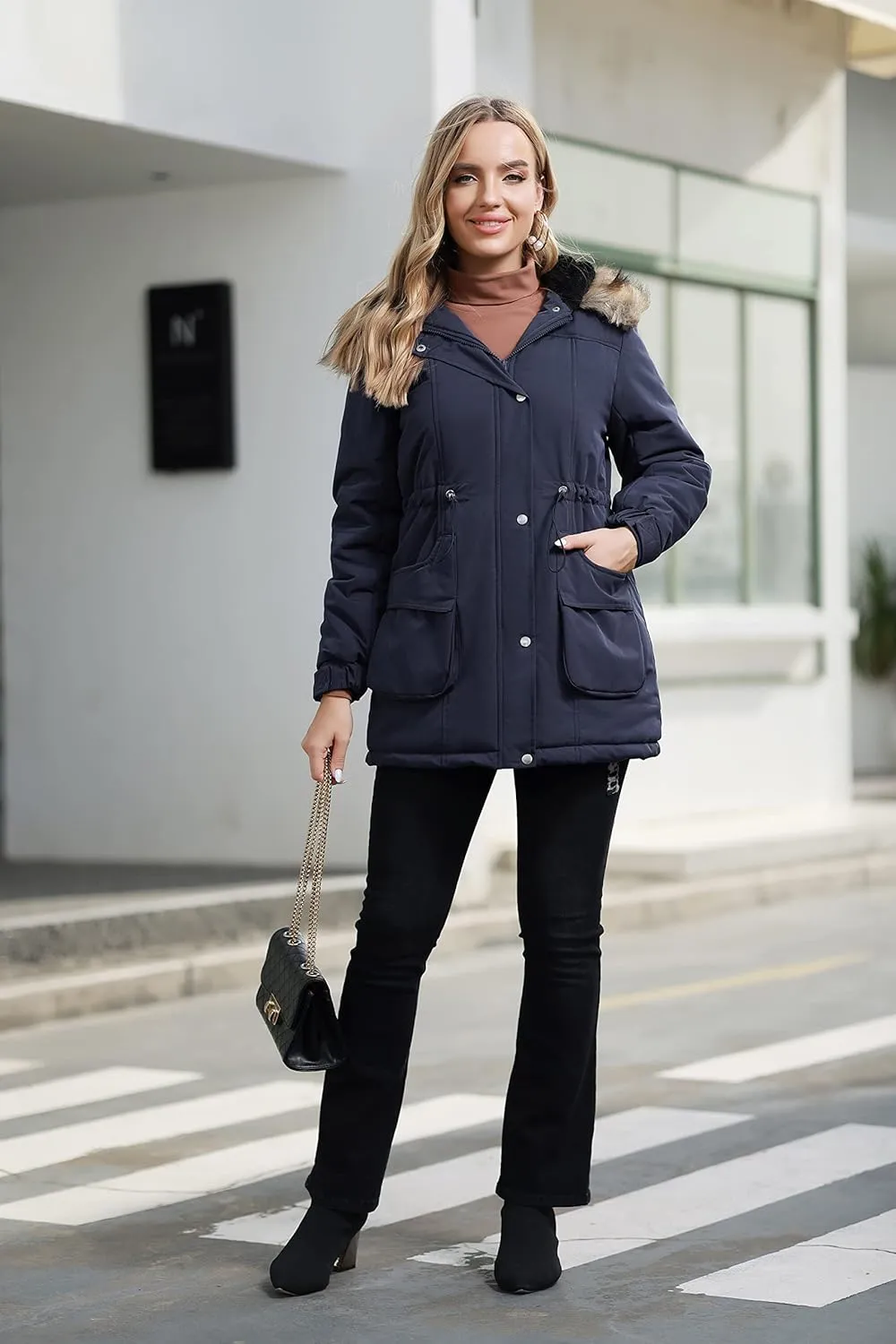 Maacie Womens Maternity 3 in 1 Thickened Outwear Fleece Lined Coat Winter Warm Hooded