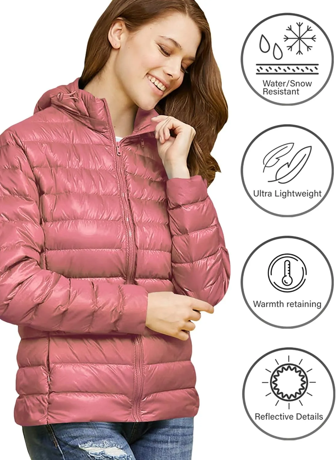 Made By Johnny Women's Ultra Light Weight Packable Down Jacket with Removable Hoodie
