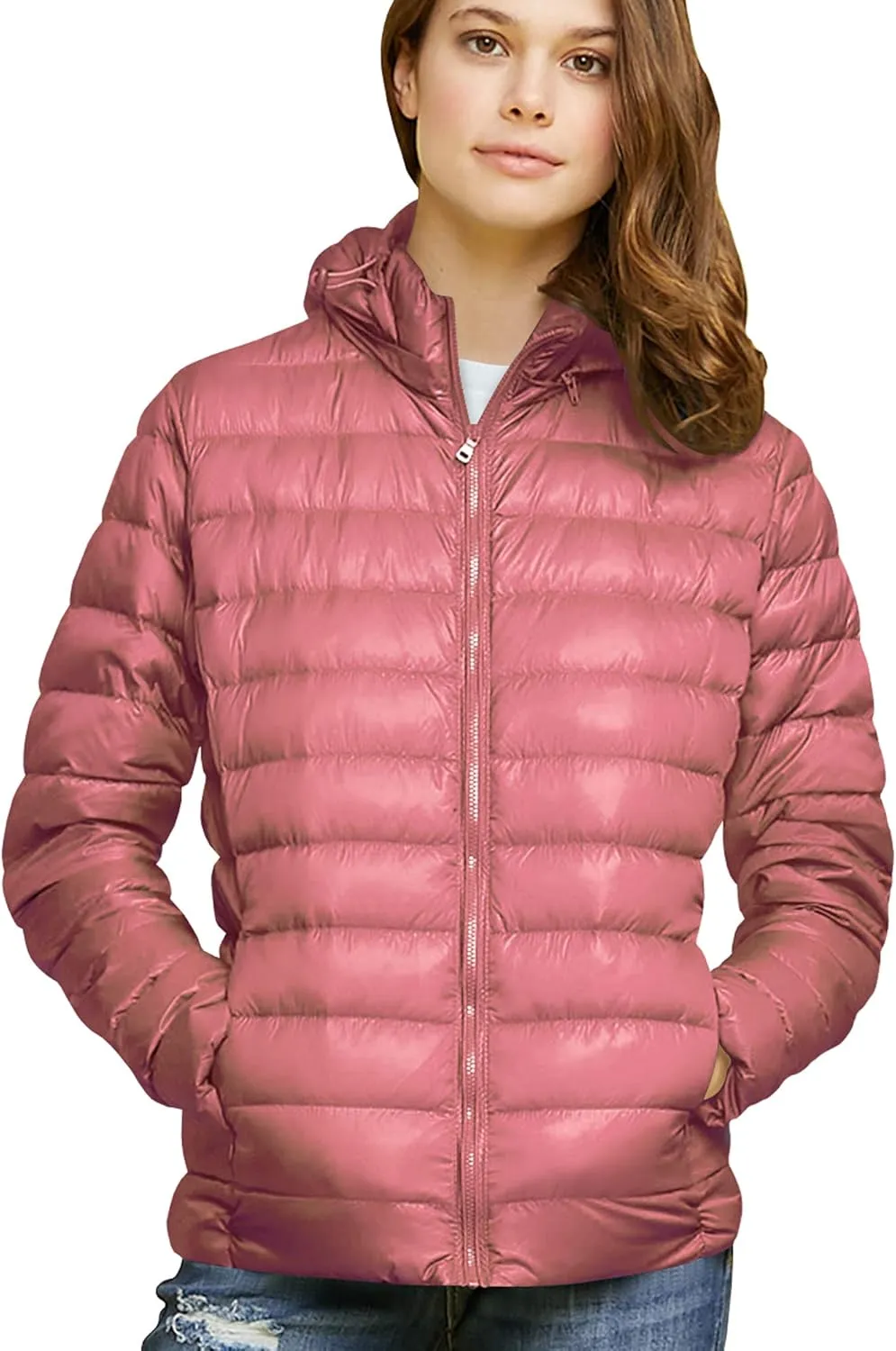Made By Johnny Women's Ultra Light Weight Packable Down Jacket with Removable Hoodie
