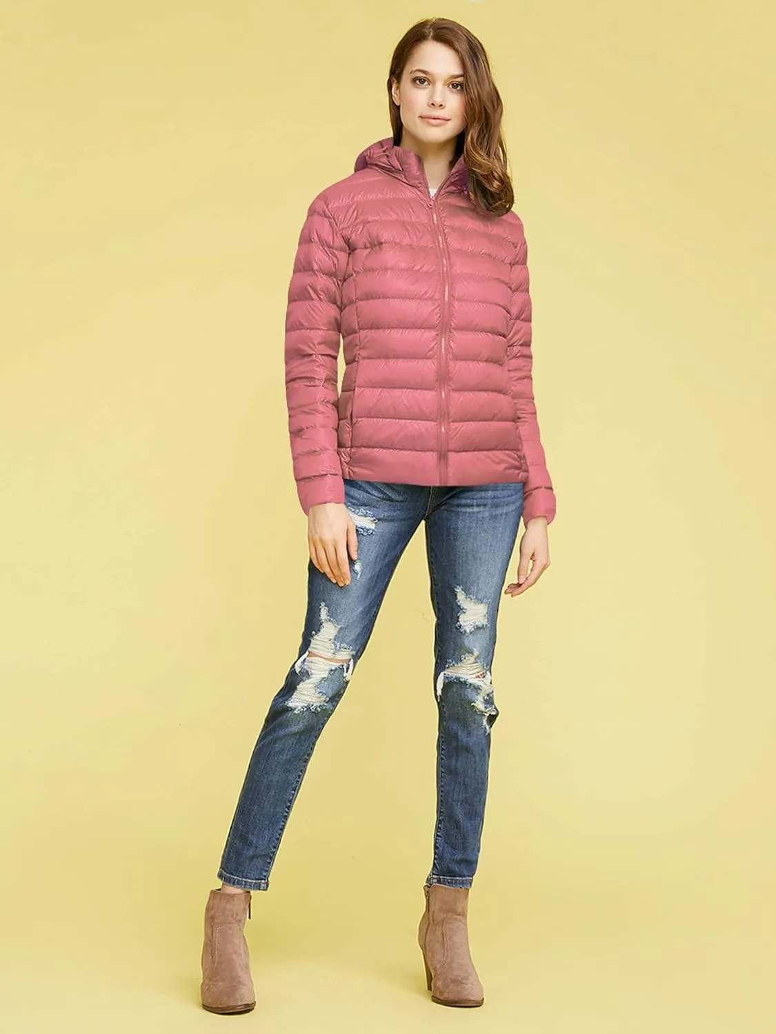 Made By Johnny Women's Ultra Light Weight Packable Down Jacket with Removable Hoodie