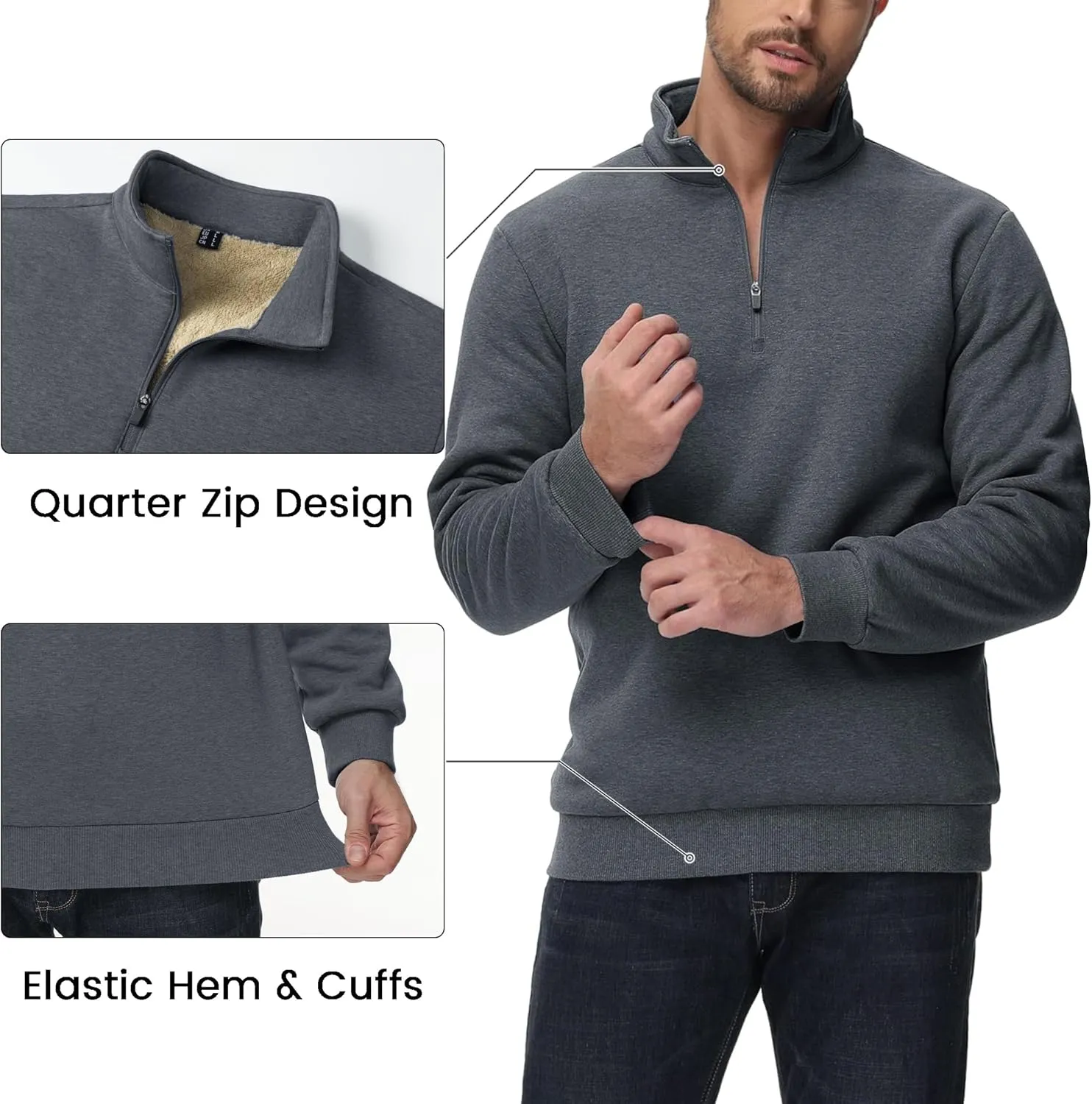 MAGCOMSEN Men's Sherpa Lined Quarter Zip Fleece Heavyweight Pullover Winter Warm Sweatshirts