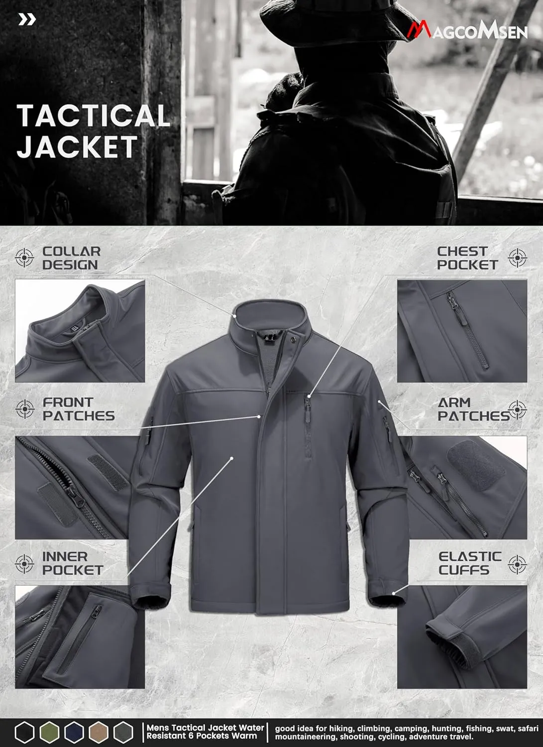 MAGCOMSEN Men's Tactical Jacket Water Resistant 6 Pockets Softshell Fleece Lining Hiking Winter Jacket Windbreaker Outwear