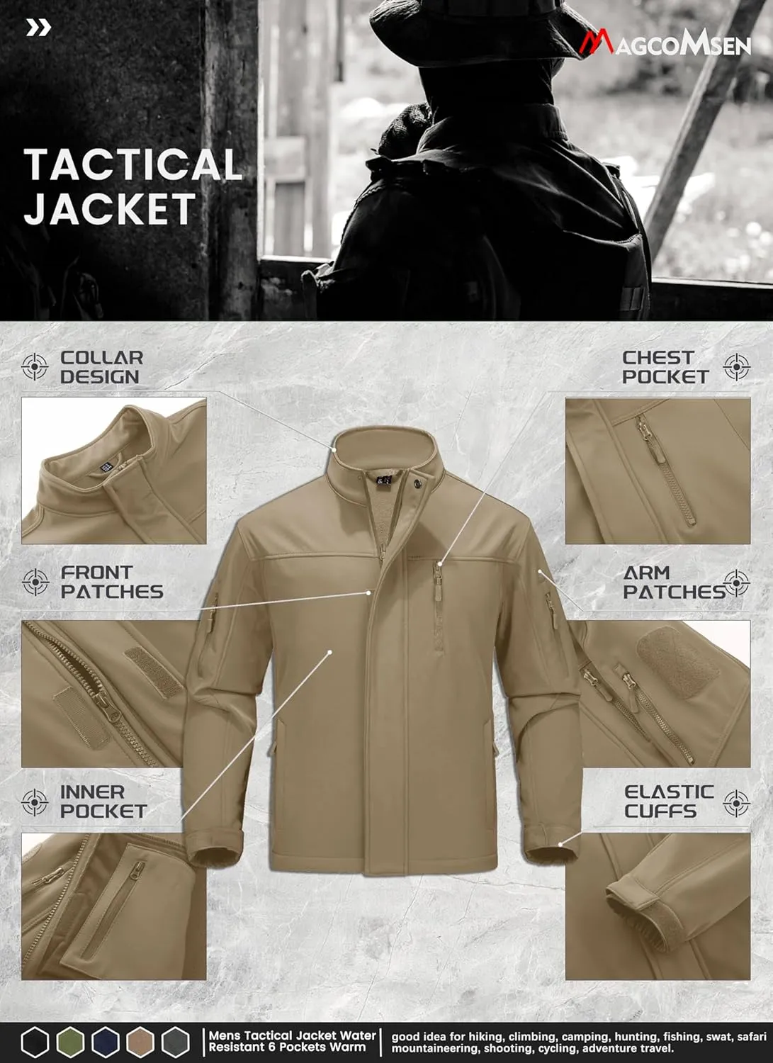 MAGCOMSEN Men's Tactical Jacket Water Resistant 6 Pockets Softshell Fleece Lining Hiking Winter Jacket Windbreaker Outwear