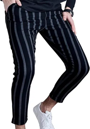 Maiyifu-GJ Men's Striped Elastic Waist Drawstring Pants Skinny Bussiness Dress Trousers Lightweight Tapered Chino Pant