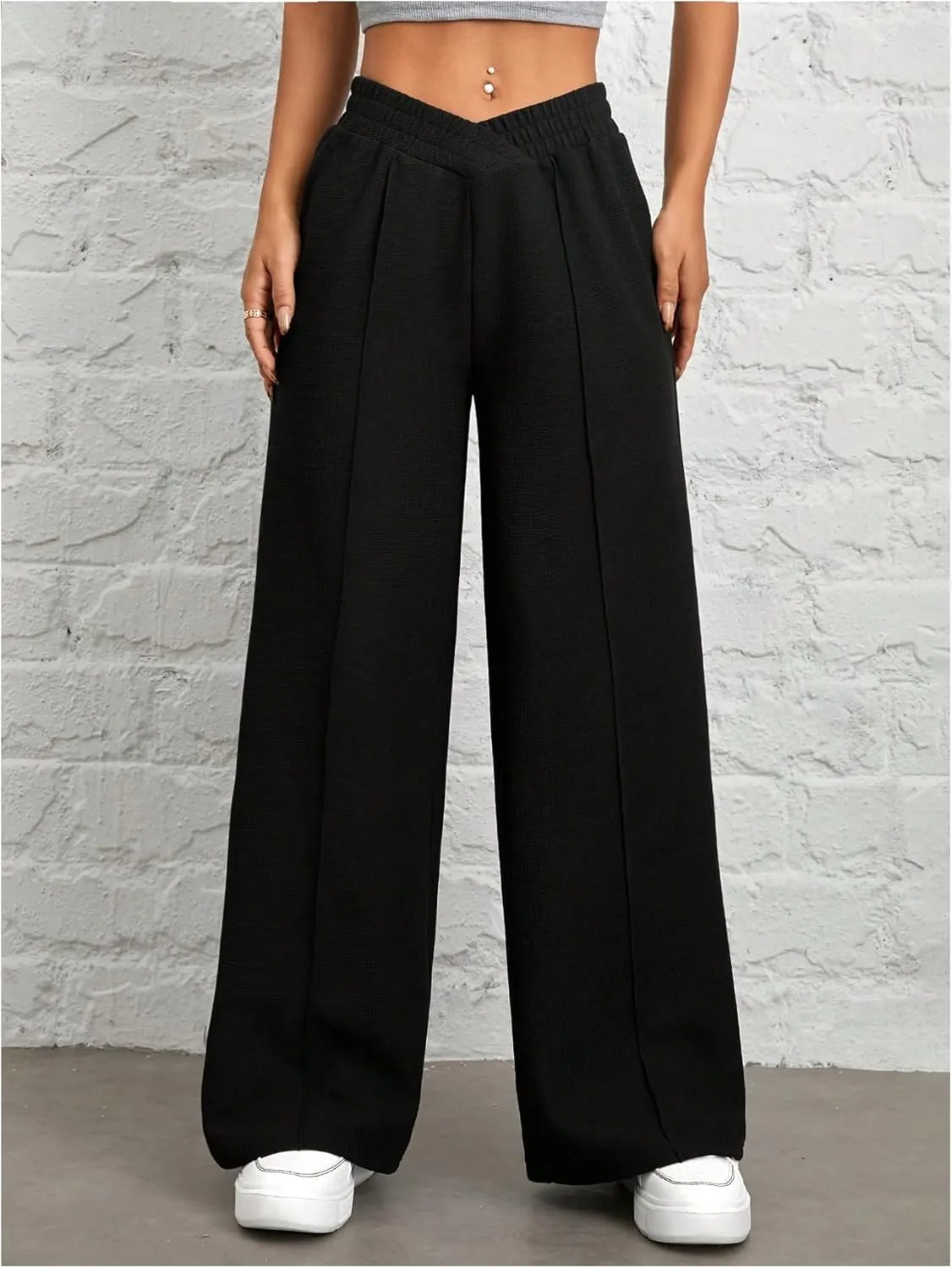 MakeMeChic Women's Asymmetrical Elastic Waist Pants Wrap Front Wide Leg Trousers