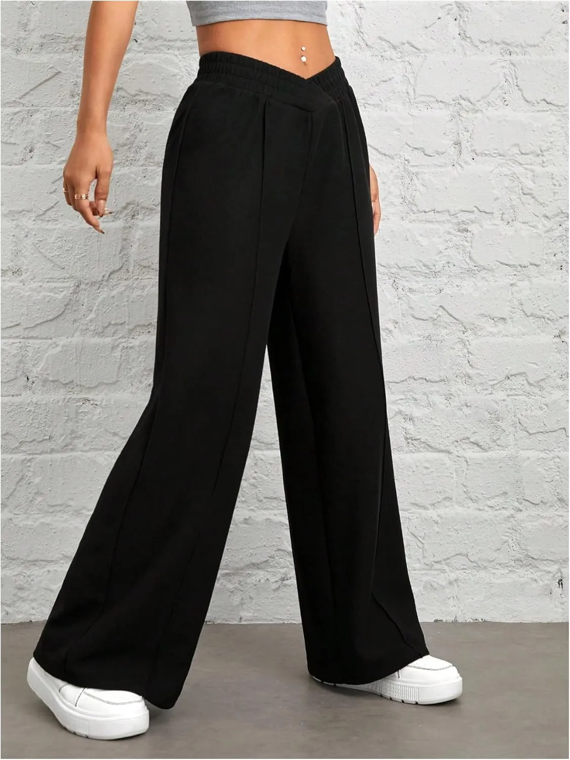 MakeMeChic Women's Asymmetrical Elastic Waist Pants Wrap Front Wide Leg Trousers