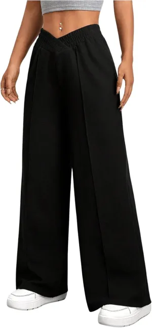 MakeMeChic Women's Asymmetrical Elastic Waist Pants Wrap Front Wide Leg Trousers