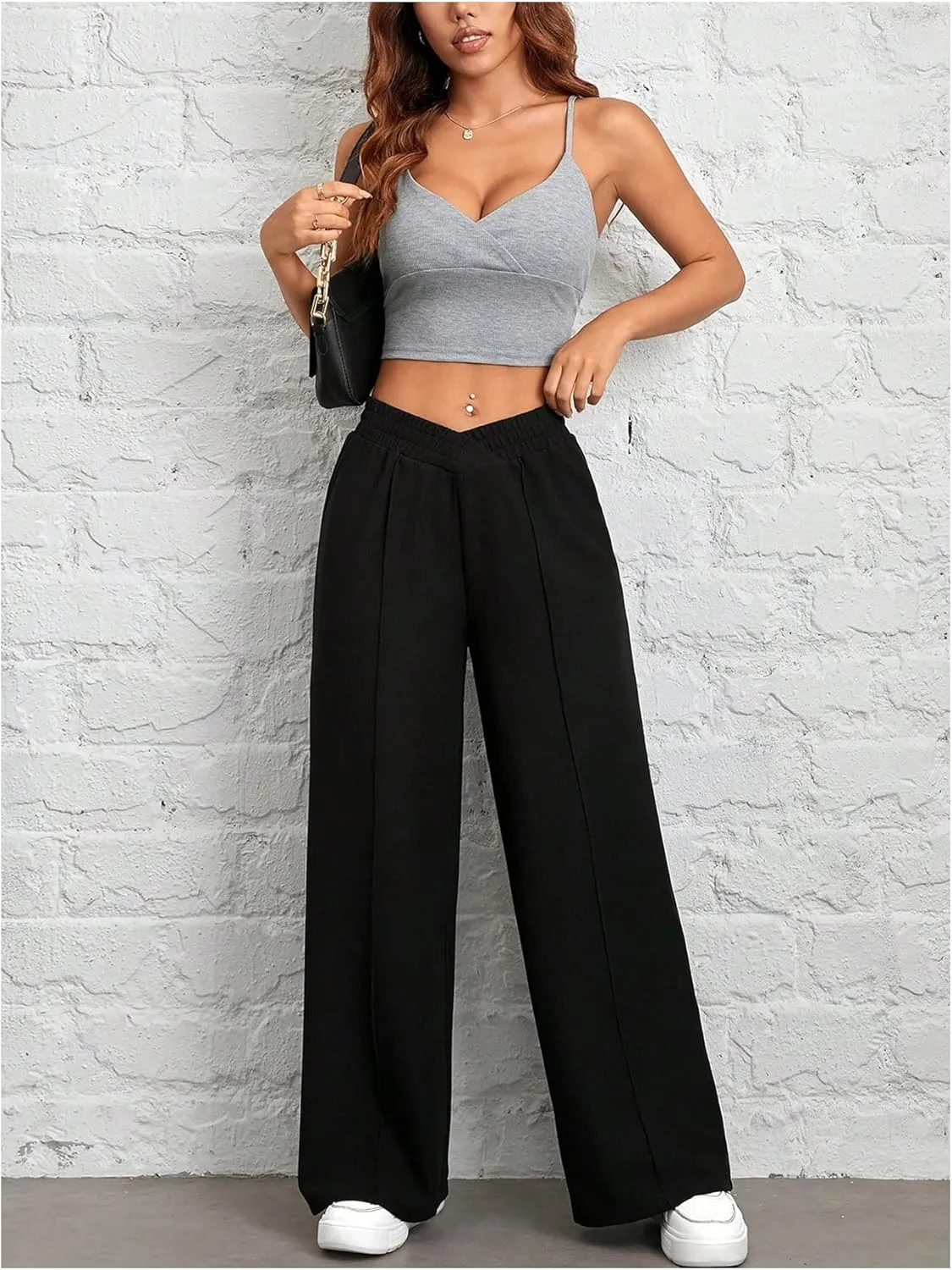 MakeMeChic Women's Asymmetrical Elastic Waist Pants Wrap Front Wide Leg Trousers