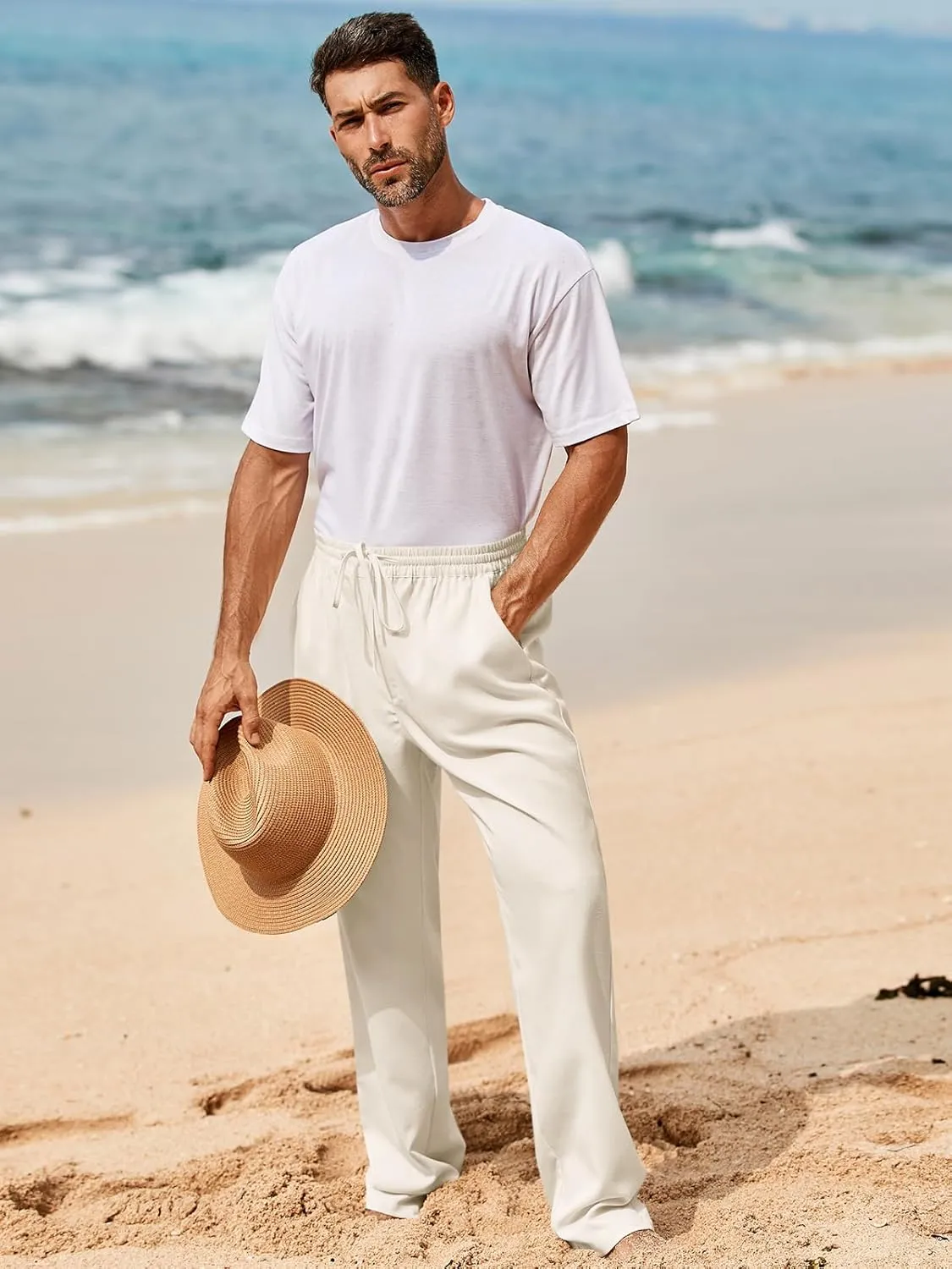 Makkrom Mens Casual Pants Drawstring Elastic Waist Lightweight Linen Pants Loose Fit Summer Beach Yoga Trousers