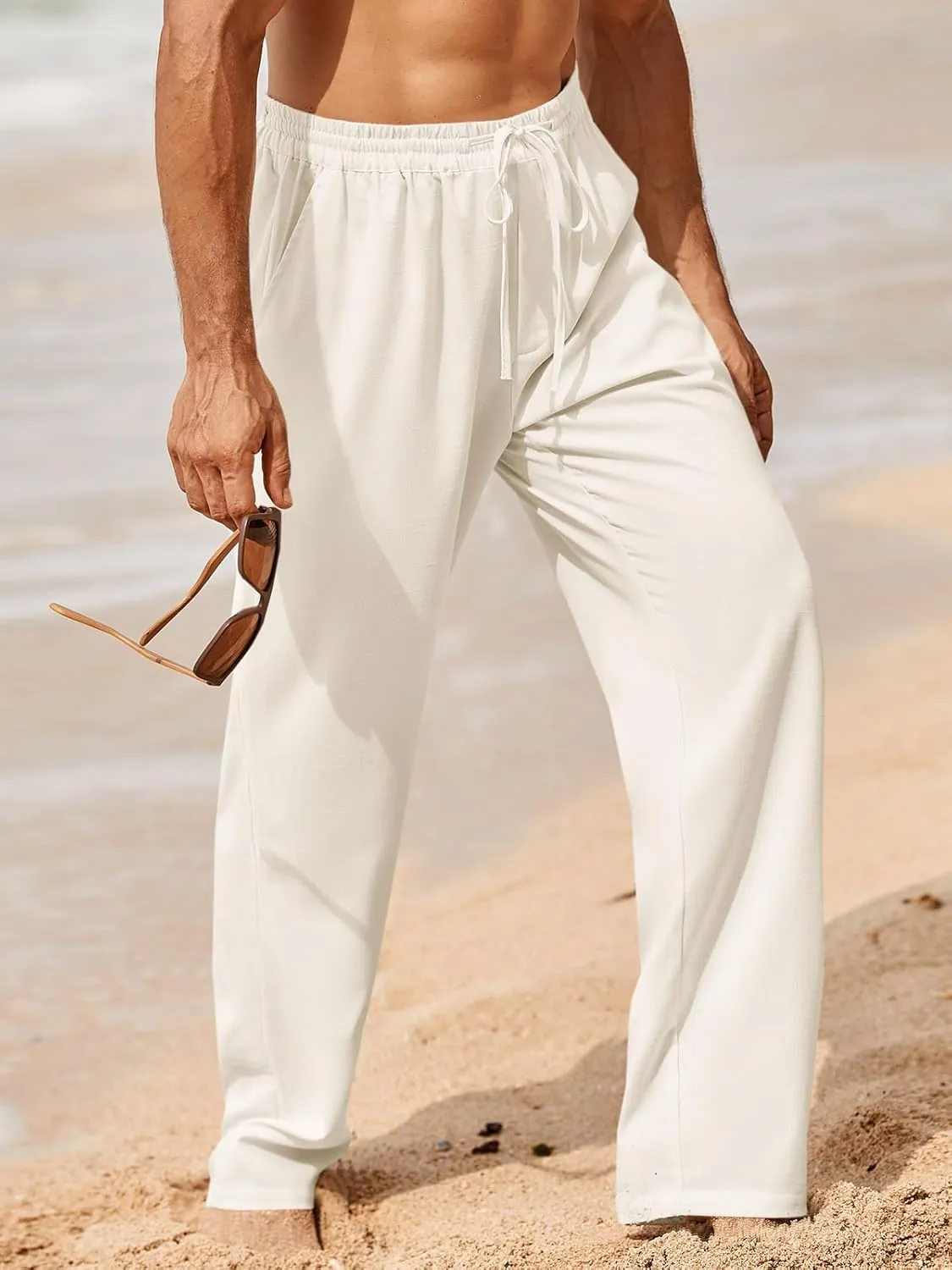 Makkrom Mens Casual Pants Drawstring Elastic Waist Lightweight Linen Pants Loose Fit Summer Beach Yoga Trousers